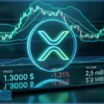 Symbole XRP en néon bleu avec des graphiques de trading en arrière-plan indiquant un prix de 1,30 dollar