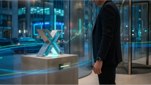 Symbole XRP en métal sur un socle avec graphique boursier lumineux en arrière-plan