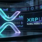 Logo XRP en 3D brillant dans un environnement de trading professionnel avec graphiques financiers