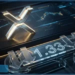 Jauge métallique indiquant le niveau de prix 1,33 pour la crypto XRP avec des graphiques de trading en arrière-plan