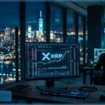 Un analyste financier de Morgan Stanley dans son bureau la nuit, examinant un graphique de la performance des ETF XRP, symbolisant l'adoption institutionnelle.