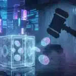 Coffre-fort numérique Ethereum et ombre de marteau de juge dans un décor cyberpunk Arbitrum