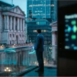Homme d'affaires observant la Bank of England à Londres, illustrant la régulation des cryptomonnaies et des stablecoins
