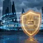 Bouclier numérique représentant le cadre réglementaire mondial de Binance et les flux monétaires