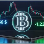 Illustration 3D du logo Bitcoin (BTC) au-dessus d'une tablette de trading, avec un graphique du cours en arrière-plan montrant un support technique et le prix actuel de 75666 $.