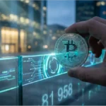 Main tenant une pièce de crypto Bitcoin devant un écran numérique affichant le cours de 81 958 dollars