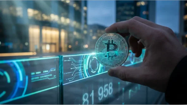 Main tenant une pièce de crypto Bitcoin devant un écran numérique affichant le cours de 81 958 dollars