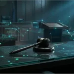 Marteau de juge dans un tribunal avec des connexions numériques symbolisant l'affaire Bitcoin Fog