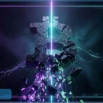 Logo Bitcoin en pierre se fissurant avec des éclats lumineux violets et bleus illustrant la pression vendeuse des ETF