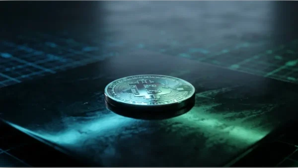 Pièce de Bitcoin argentée sur une surface sombre avec éclairage néon vert représentant le marché crypto