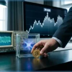 Main tenant une pièce de Bitcoin devant un écran affichant un graphique boursier à 78 600 dollars et un oscilloscope