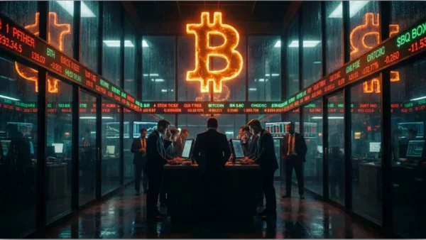 Traders en salle de marché analysant le cours du Bitcoin sous pression vendeuse