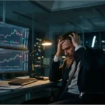 Investisseur en plein désarroi face à des graphiques boursiers illustrant la volatilité du Bitcoin