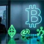 Symbole Bitcoin en néon bleu dominant les logos Ethereum et altcoins dans un bureau sombre