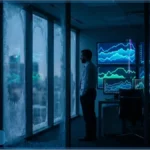 Représentation 3D du cours Bitcoin bloqué sous une résistance technique avec le prix de 77528 dollars affiché en hologramme cyan.