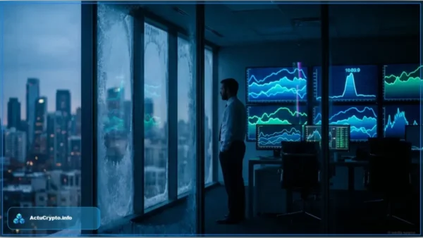 Représentation 3D du cours Bitcoin bloqué sous une résistance technique avec le prix de 77528 dollars affiché en hologramme cyan.
