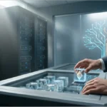 Homme en costume manipulant des cubes de cristal avec le logo Ethereum dans une salle de serveurs informatique