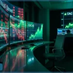 Graphiques boursiers en temps réel illustrant l'évolution du CAC 40 sur des écrans de trading