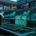 Graphiques boursiers en hausse sur des écrans de trading avec le chiffre 8000 en évidence