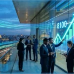 Graphique boursier numérique affichant 8100 points avec des analystes financiers sur une terrasse à Paris
