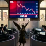 Graphiques de trading du CAC 40 montrant une tendance baissière sur des écrans dans un bureau financier
