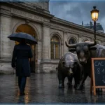 Statues du taureau et de l'ours devant le Palais Brongniart illustrant la baisse du CAC 40