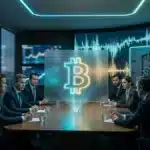 Analystes financiers devant des écrans de données de marché Bitcoin avec une mallette de sécurité