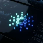 Logo Cardano lumineux sur un écran de trading avec graphiques et code de smart contracts