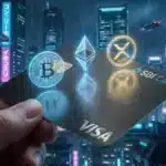 Une main tenant une carte VISA crypto SBI avec les logos Bitcoin, Ethereum et XRP sur fond de ville japonaise futuriste