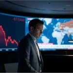 Graphique boursier montrant la baisse du cours Bitcoin sous 77 000 dollars avec un trader