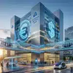 Illustration futuriste de la régulation des stablecoins MiCA avec les logos Euro et Dollar devant la Banque Centrale Européenne