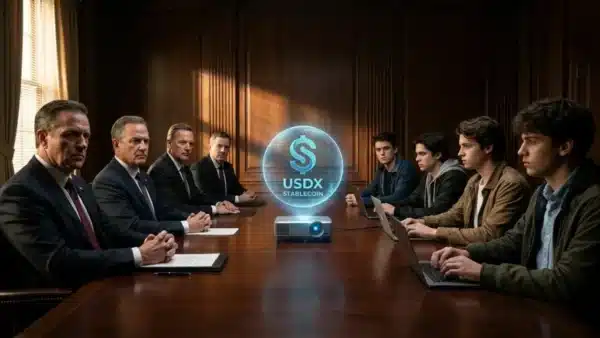 Représentation du Clarity Act avec des banquiers et des acteurs crypto autour d'un stablecoin USDX