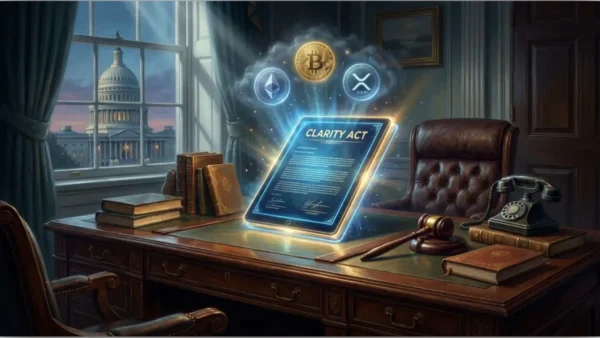 Document lumineux CLARITY Act sur un bureau avec vue sur le Capitole et logos Bitcoin, Ethereum et XRP