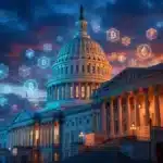 Le Capitole américain entouré de symboles blockchain et cryptomonnaies pour illustrer le CLARITY Act