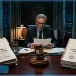 Un juge dans son bureau examine des documents. Sur la table, un marteau de justice sépare deux piles de dossiers : l'un de la CFTC, l'autre de l'État de Rhode Island, symbolisant le conflit juridique sur les marchés de prédiction.