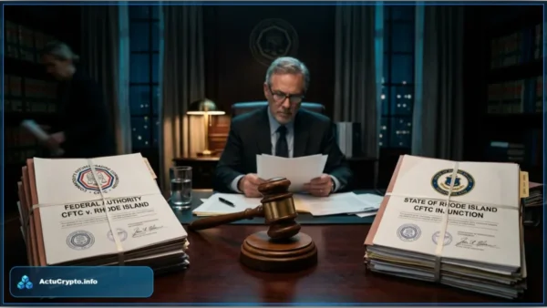 Un juge dans son bureau examine des documents. Sur la table, un marteau de justice sépare deux piles de dossiers : l'un de la CFTC, l'autre de l'État de Rhode Island, symbolisant le conflit juridique sur les marchés de prédiction.