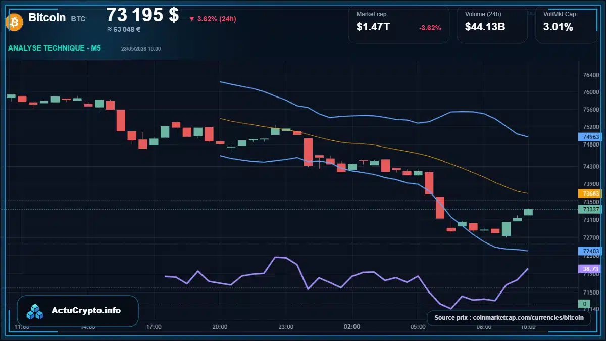 Graphique du cours Bitcoin à 73195 $ Analyse technique du cours de Bitcoin de bitcoin à 73195 $ aujourd'hui