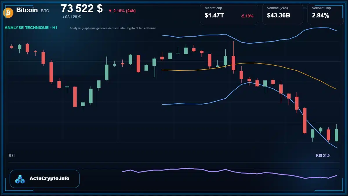 Graphique du cours Bitcoin à 73522 $ Analyse technique du cours de Bitcoin de bitcoin à 73522 $ aujourd'hui