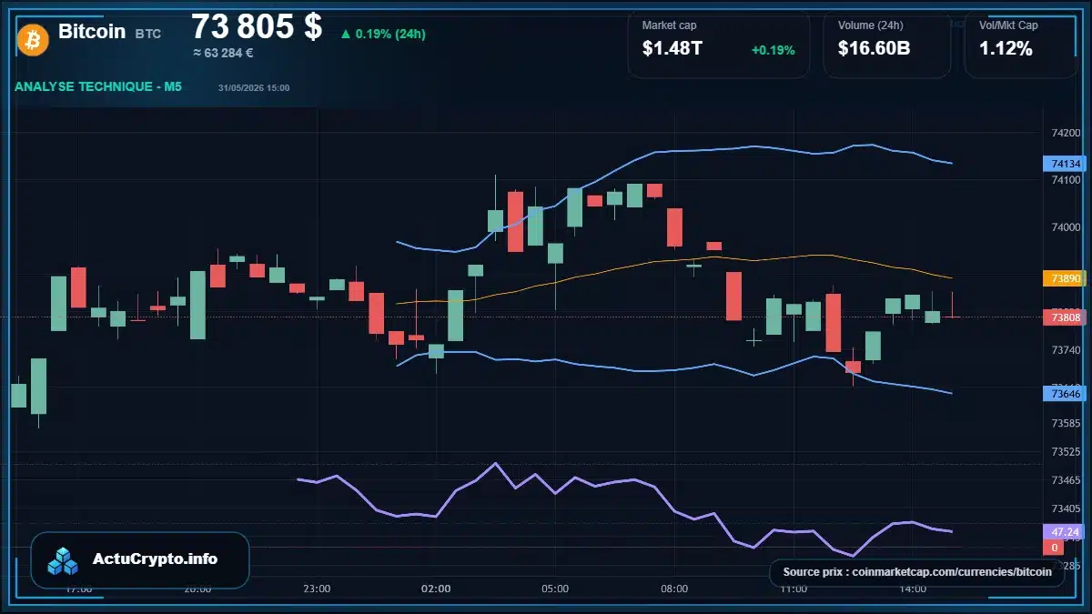 Graphique du cours Bitcoin à 73805 $ Analyse technique du cours de Bitcoin de bitcoin à 73805 $ aujourd'hui