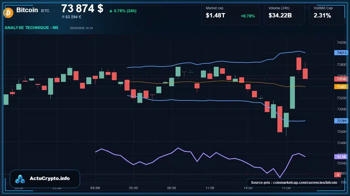 Graphique du cours Bitcoin à 73874 $ Analyse technique du cours de Bitcoin de bitcoin à 73874 $ aujourd'hui