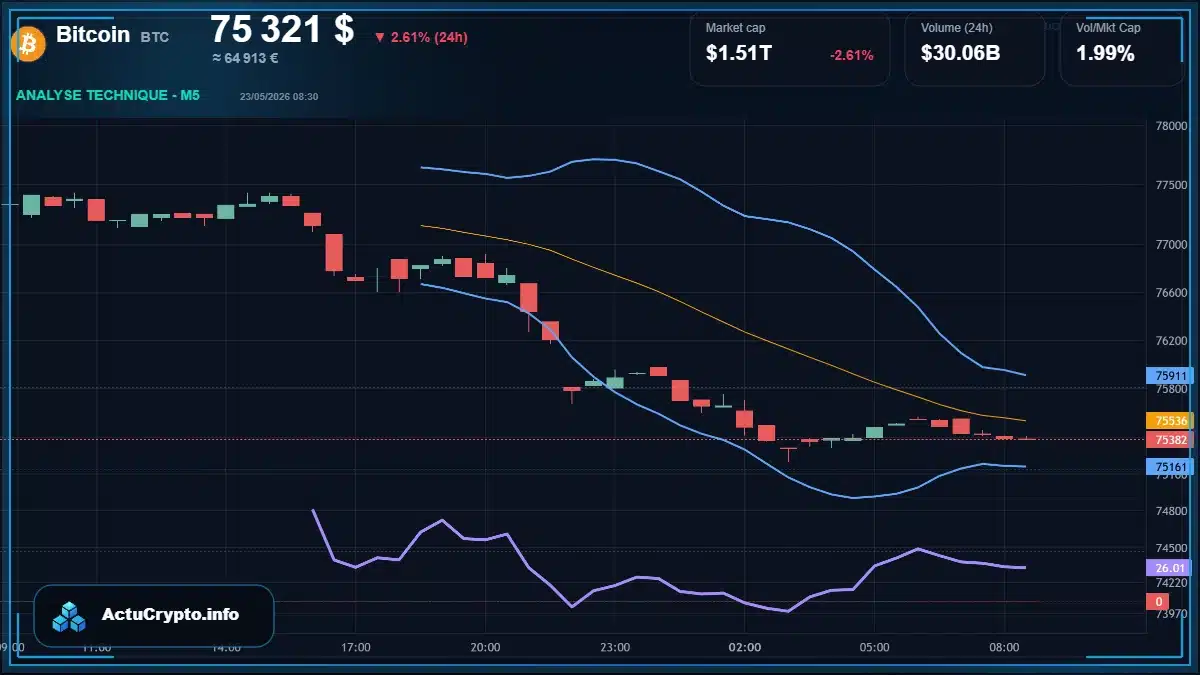 Graphique du cours Bitcoin à 75321 $ Analyse technique du cours de Bitcoin de bitcoin à 75321 $ aujourd'hui