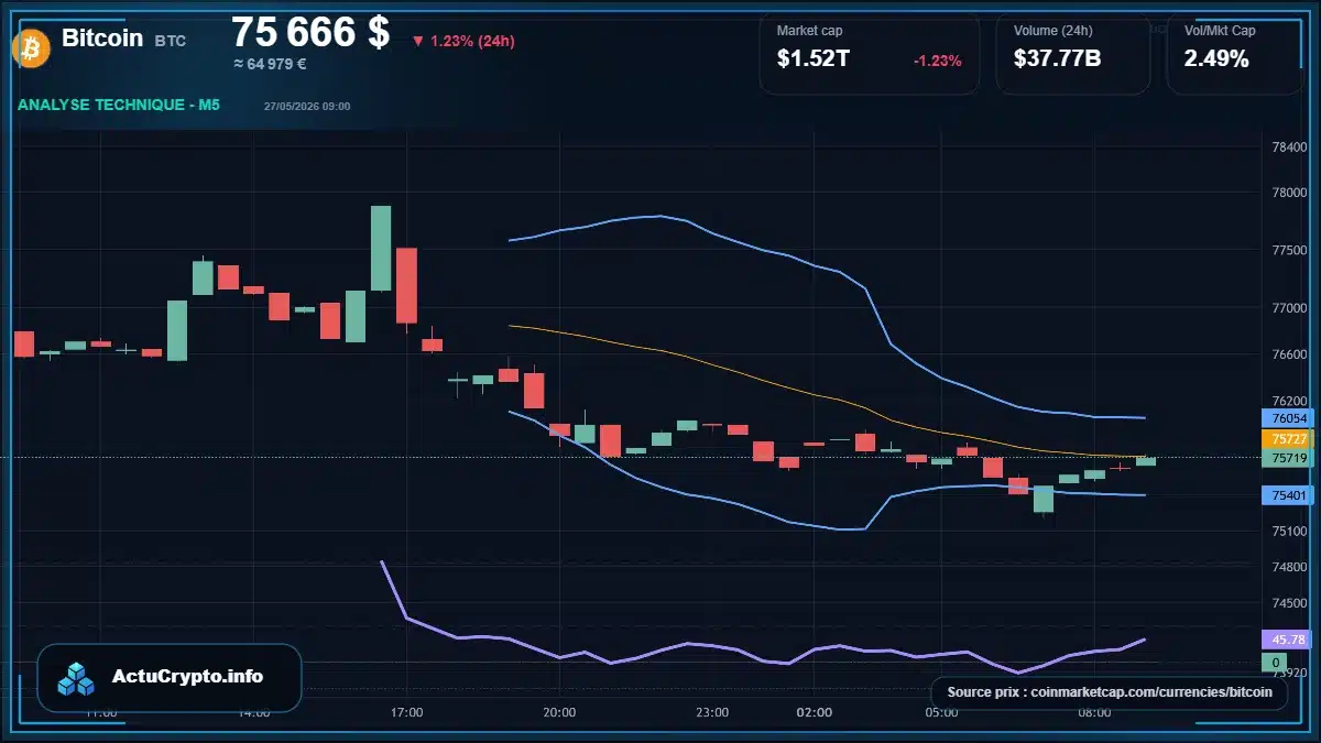 Graphique du cours Bitcoin à 75666 $ Analyse technique du cours de Bitcoin de bitcoin à 75666 $ aujourd'hui