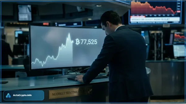 Graphique du cours Bitcoin à 77 525 dollars sur un écran de trading