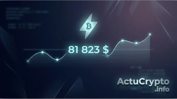 Graphique du cours Bitcoin affichant le prix de 81 823 dollars sur un fond technologique