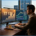 Trader professionnel analysant le graphique du cours Bitcoin à 77 178 dollars sur trois écrans