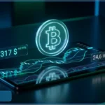 Graphique d'analyse technique montrant le cours Bitcoin à 77 317 dollars sur une tablette numérique.