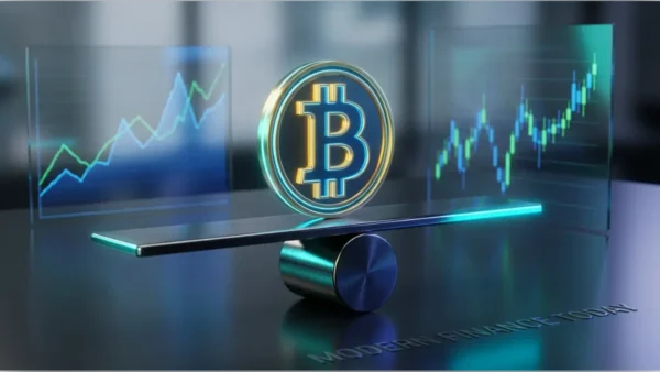 Pièce de Bitcoin en équilibre sur une balance devant des graphiques boursiers illustrant le cours Bitcoin
