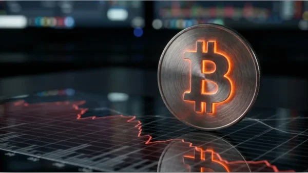 Pièce de Bitcoin sur un graphique boursier en baisse illustrant le cours Bitcoin