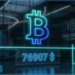 Logo Bitcoin en néon bleu avec affichage du prix 76 907 dollars sur fond technologique