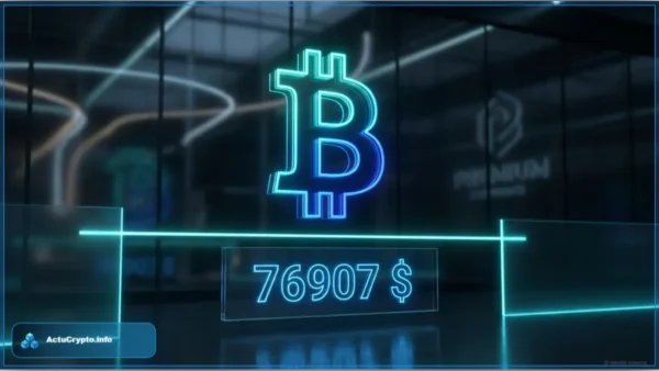 Logo Bitcoin en néon bleu avec affichage du prix 76 907 dollars sur fond technologique